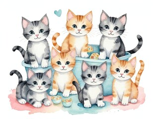 Obraz premium Watercolor illustration of six cute kittens in a blue bucket, two orange tabby cats and four grey tabby cats with blue eyes.