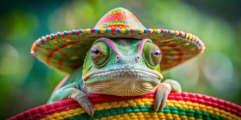 Obraz premium Chameleon in a Sombrero, Closeup of a green chameleon wearing a colorful sombrero, reptile , exotic , animal , mexico