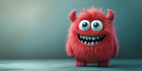 Fototapeta premium A funny monster cartoon character isolated on a green background, suitable for Halloween-themed designs or children's illustrations.
