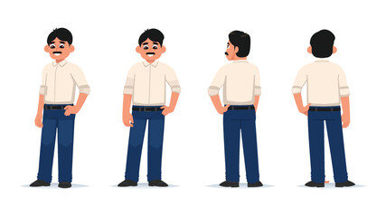 Vector set of a man in casual attire from different angles for 360-degree view