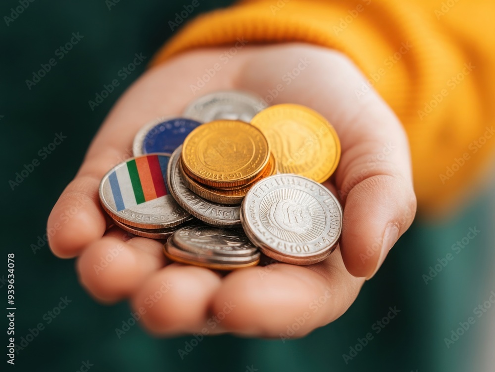 Poster a hand holding a cluster of coins with different flags, representing international monetary distribu