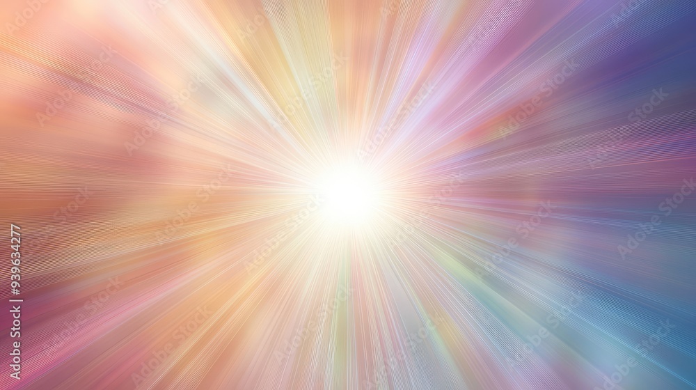 Poster a smooth radial light background with soft, diffused rays in pastel tones, emanating from a bright c