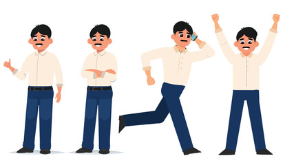 Obraz premium Vector illustrations of a man in casual office attire demonstrating various actions and expressions.