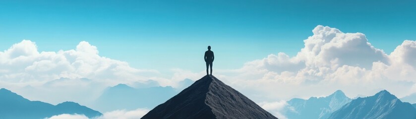 Obraz premium Solitary figure on a mountain peak, cloudy sky, 3D illustration