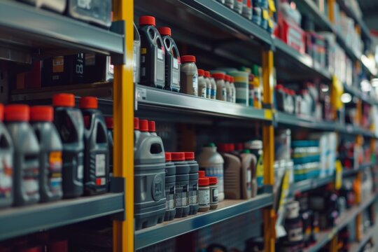 Close up of shelves in an auto parts store displaying a variety of items under natural light