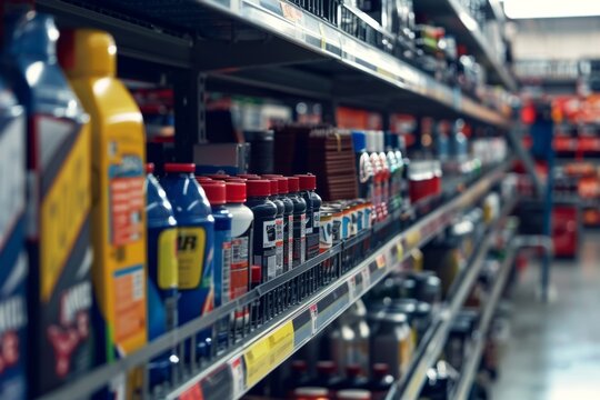 Close up of shelves in an auto parts store displaying a variety of items under natural light