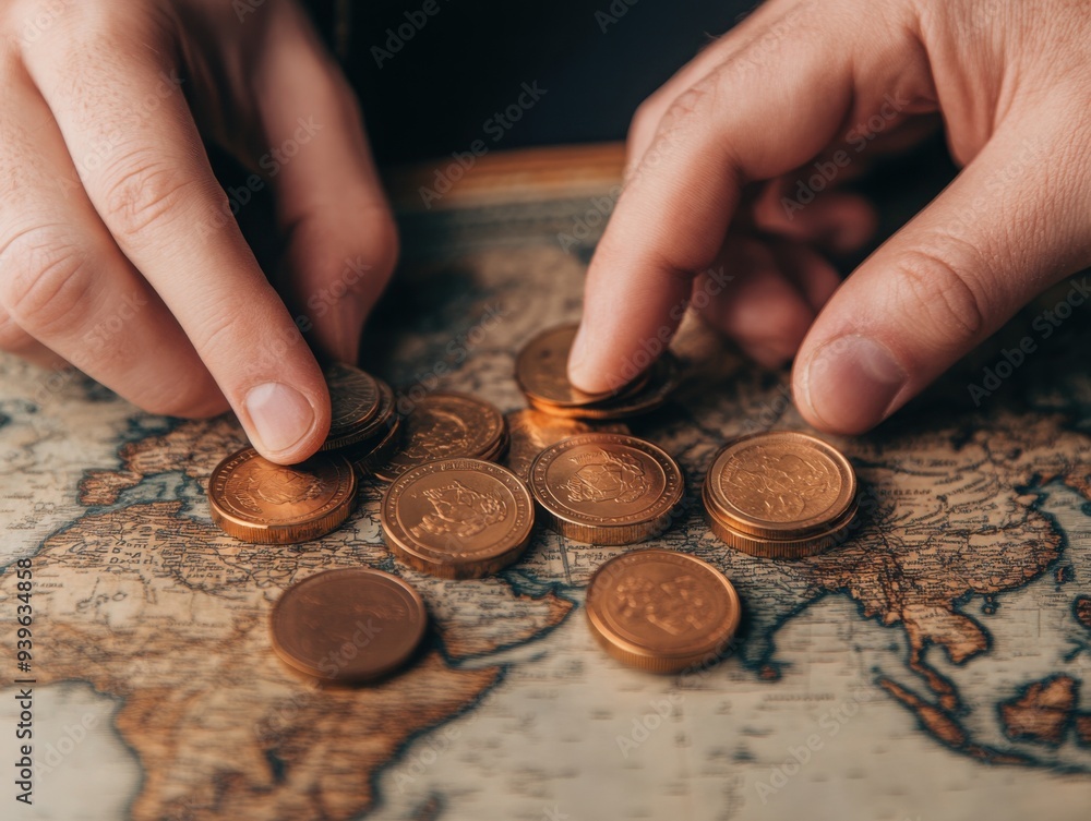 Poster hands exchanging coins across a map, representing the flow and distribution of money globally
