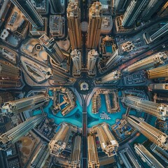 Aerial view of Dubai, captured in a commercial photograph with stylized lighting and detailed visual elements, emphasizing the city's modern landscape.