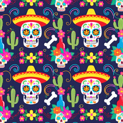 Sugar skulls Day of the Dead Seamless Pattern background illustration