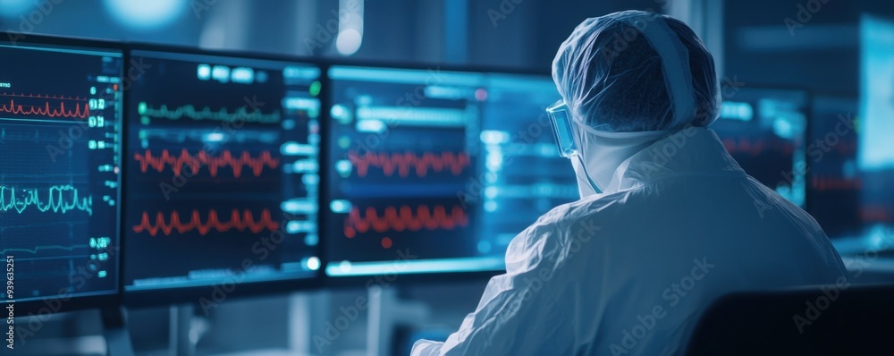 Poster a hyper-modern control center with doctors monitoring sepsis treatment via ai and holographic interf