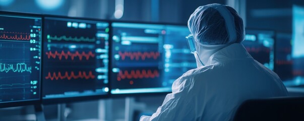 A hyper-modern control center with doctors monitoring sepsis treatment via AI and holographic interfaces, ensuring precise and rapid response