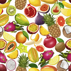 Seamless pattern from bright tropical fruits.Lots of ripe exotic fruits in a seamless color pattern.