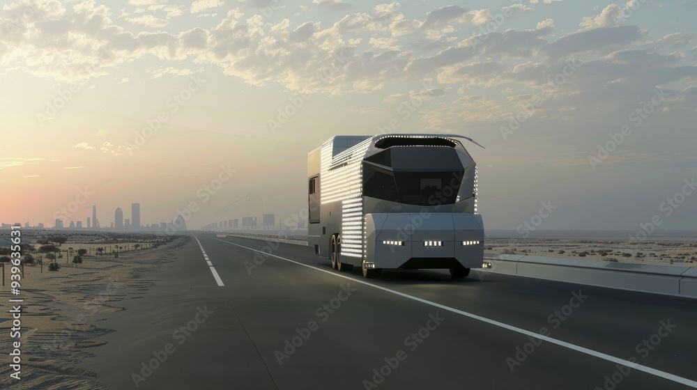 Wall mural Visualize a modern recreational vehicle parked on a wide highway with a digital binary code overlay, symbolizing the fusion of travel and technology in a serene landscape.