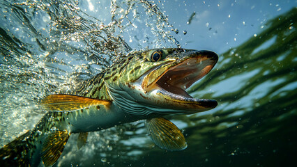 Fototapeta premium Freshwater Fishing Northern Pike Fish Underwater, Generative AI 
