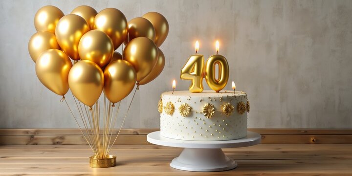 Golden Balloons and Cake with Candles for a 40th Birthday, birthday , party , celebration , cake