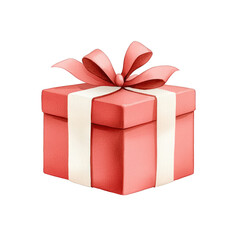 Obraz premium A beautifully wrapped red gift box adorned with a white ribbon and bow, perfect for any special occasion or celebration. transparent background watercolor style