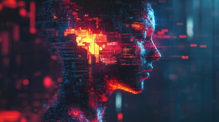 A pulsating, neon-lit human form fragmented by digital glitches, set against a dark, pixelated and distorted background.