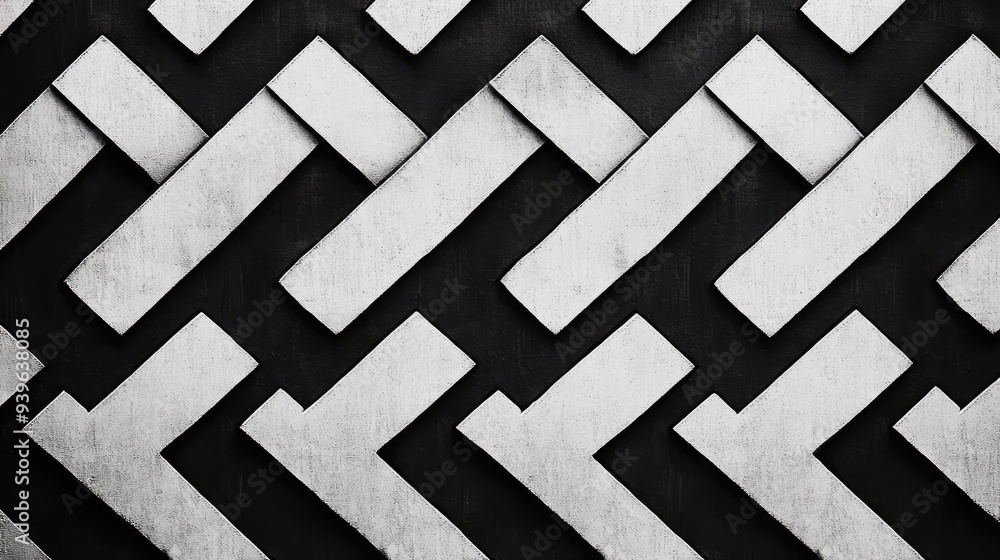 Poster a modern black and white geometric pattern of interlocking chevrons, creating a sharp and clean visu