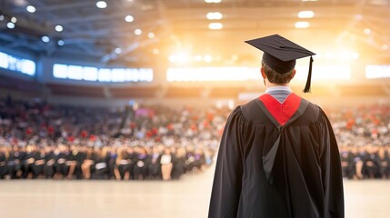Graduate in cap and gown standing on stage at a commencement ceremony.