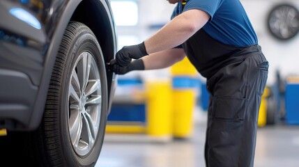A mechanic working on a car's tire in a garage.