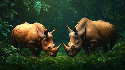 A pair of Javan Rhinos grazing in a lush forest, Side by side in dense greenery, Emphasizing their critically endangered status, Perfect for conservation awareness, Ideal for environmental education
