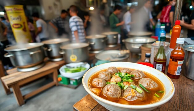 A Bowl of Baso served fresh, with tender beef meatballs floating in a clear soup Generative AI
