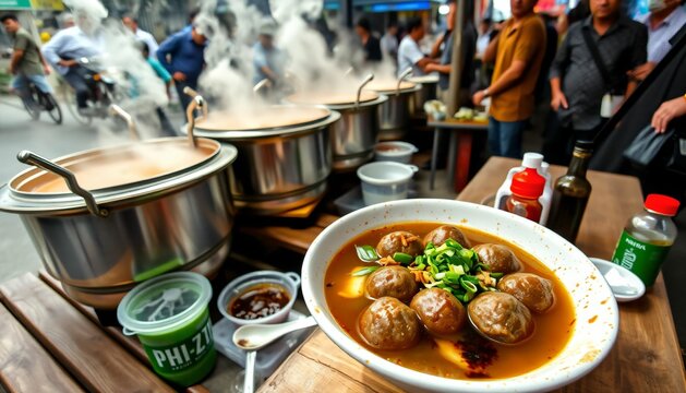 A Bowl of Baso served fresh, with tender beef meatballs floating in a clear soup Generative AI