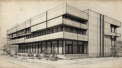 This rough pencil sketch illustrates a striking modern building with large windows and architectural details, set against a minimalist landscape