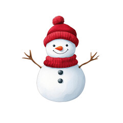 Christmas theme. A cheerful snowman wearing a red hat and scarf, perfect for winter themes and festive decorations. transparent background watercolor style