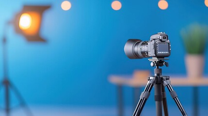 Professional DSLR camera on tripod with blurry stage lights in background.