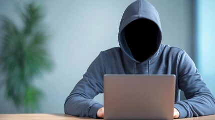 Anonymous hooded figure using a laptop, symbolizing anonymity and privacy.