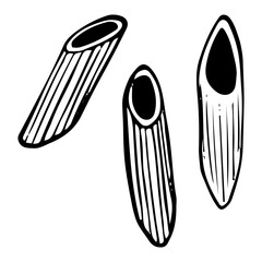 Pasta feathers hand drawn doodle. Macaroni curls, horns. Food made from wheat dough. Food product. Side dish. Grocery. Vector sketch line art illustration.