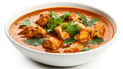 A bowl of chicken with a vibrant red and orange circular sauce, garnished with fresh coriander leaves on a white background