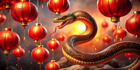 Obraz premium Serpent Amidst Crimson Lanterns A 3D Digital Painting, Chinese New Year, Snake, Lantern, Celebration , Chinese New Year , Snake Symbol