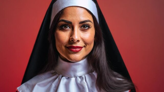 Video of a woman in a nun costume with striking red lipstick against a bold red background. The contrast between the traditional attire and modern makeup creates a dramatic and visually striking eff