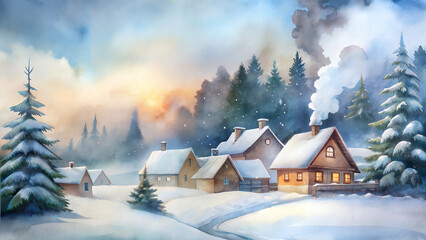 Fototapeta premium Cozy Winter Village Watercolor Snowy Cottages Glowing Windows on Dreamy Watercolor Background