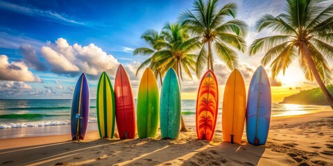 Sunset Surfboards on Tropical Beach, Palm Trees, Summer Vacation , beach , sunset , surf , surfboard