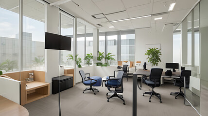 An office space with a relaxation area includes cozy seating, calming decor, and a peaceful ambiance.