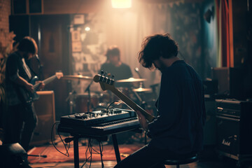 Artist playing electronic keyboard and musician strumming acoustic guitar at a lively concert,...