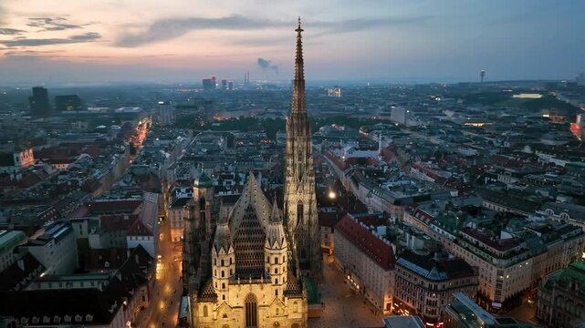 Aerial view of famous places St. Stephen's Cathedral Stephansdom at night. Mother church of the Roman Catholic Archdiocese of Vienna. Austria