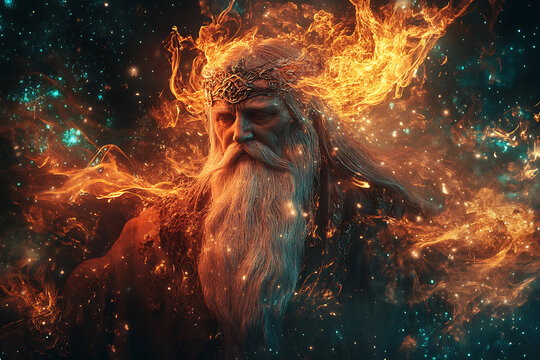 An abstract digital depiction of Svarog, the Slavic god of fire, blacksmithing, and the sky