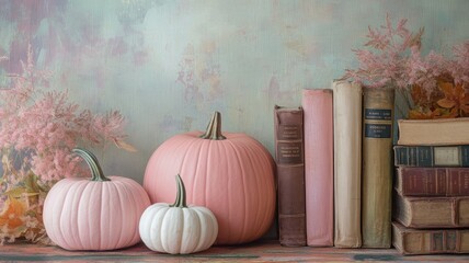Pink pumpkins arranged with vintage books, blending rustic charm and modern pastel tones.