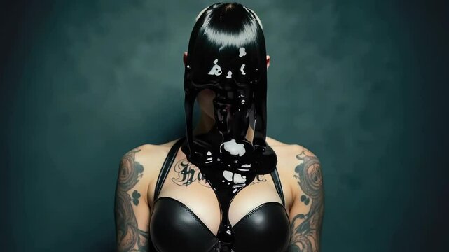 Conceptual Art Portrait of Tattooed Woman in Leather with Dripping Black Liquid Mask and text "Halloween" on her breast