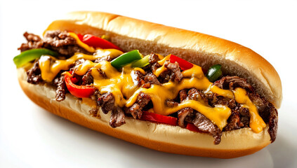 Philly cheesesteak with lots of cheese and peppers, white backgroun