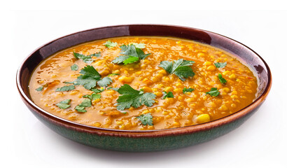 Indian popular food Dal fry or traditional Dal Tadka Curry served in a bowl, isolated on white background