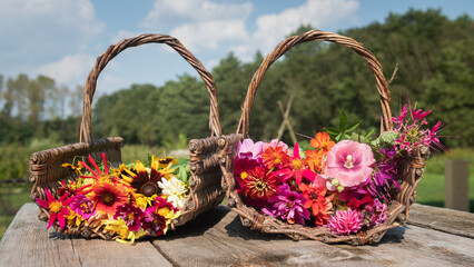 woven wicker baskets with colorful handpicked summer flowers in garden