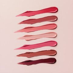 Several swatches of lipstick in varying shades of red and pink on a soft beige background. Smooth creamy lip gloss textures in a gradient of warm tones.