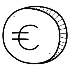 Hand drawn doodle euro coin on white background.