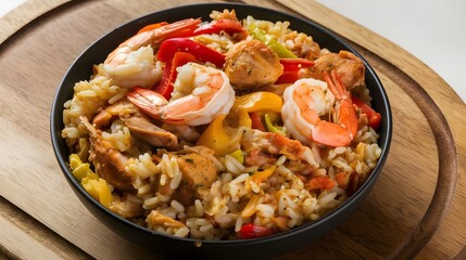 A bowl of jambalaya rice with a variety of ingredients, including chicken, sausage, and vegetables and placed on a wooden board.