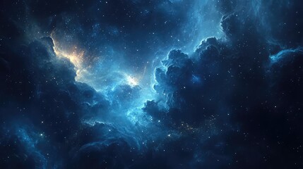 A distant galaxy view featuring Neptune, surrounded by cosmic clouds and glowing stars, capturing the vastness of space.